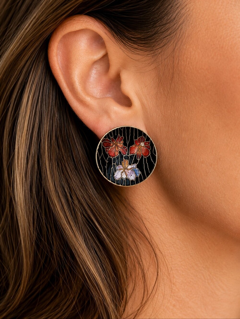 Vintage Sarah Coventry Cloisonne Iris Flower Enamel Earrings Black Pierced